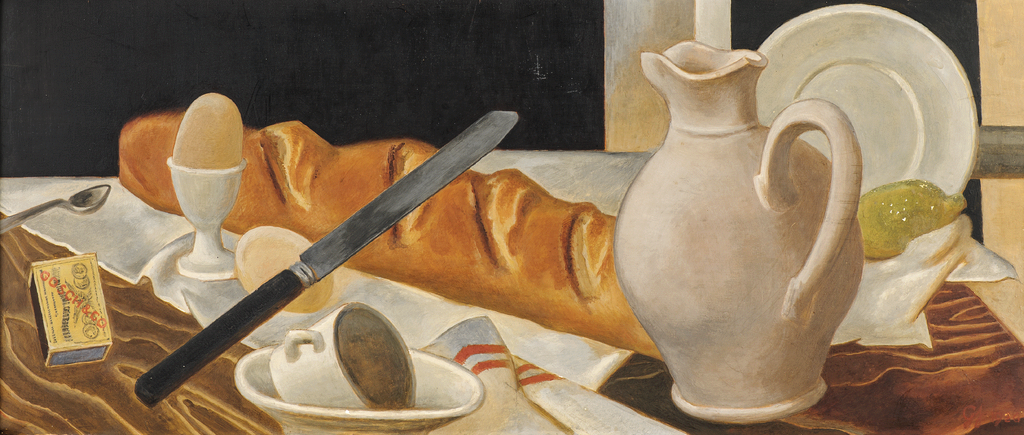Georg Jacobsen,"Nature morte med hvid kande og brød", 1926. Nordnorsk Kunstmuseum. Donasjon fra Viggo Hagstrøm