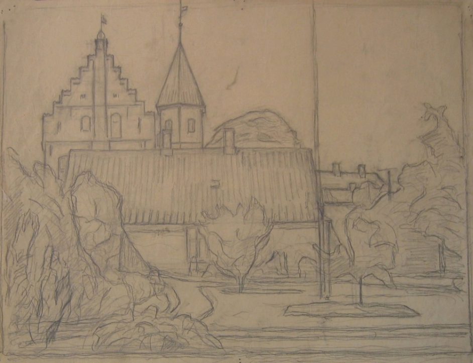 Bybillede med trappegavl og tårn