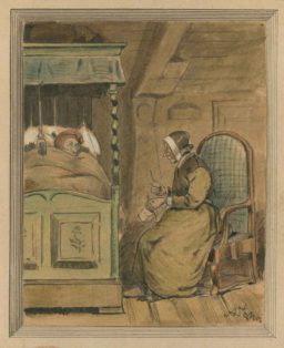 Strikkende kone ved sengeleje