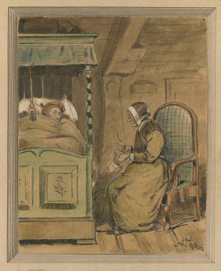 Strikkende kone ved sengeleje