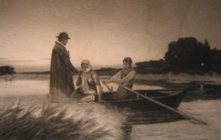 Præsten hentes til en syg på den anden side af åen. Efter maleri af Jørgen Sonne