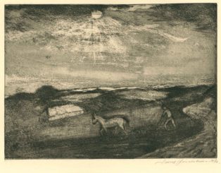 Landskab med bonde, der pløjer jorden