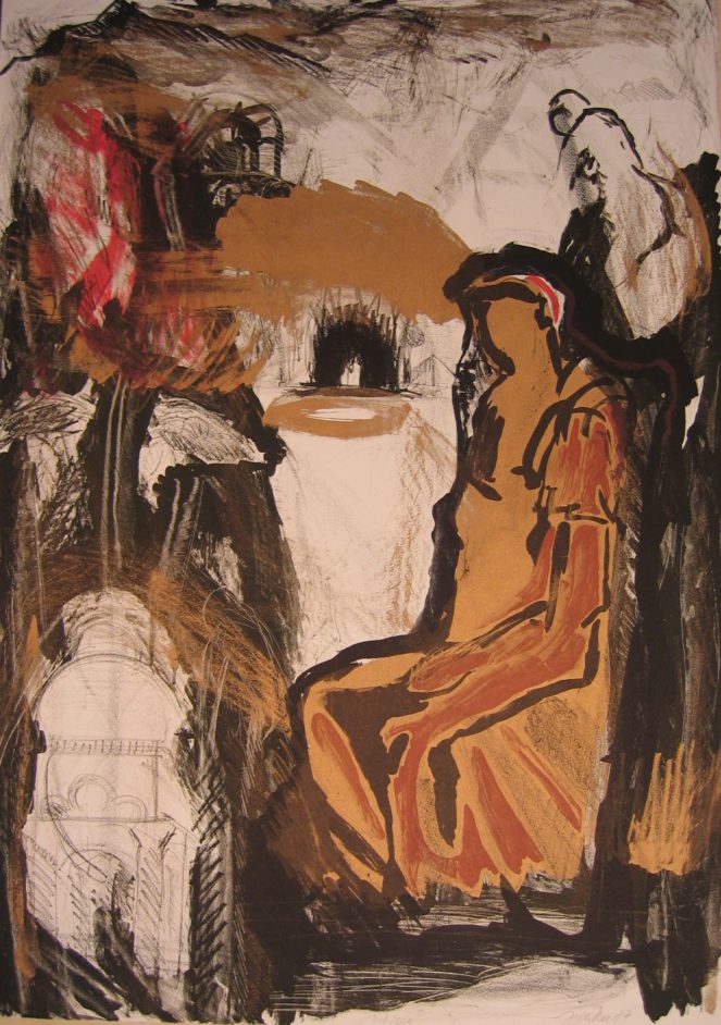 Sidende figur i landskab