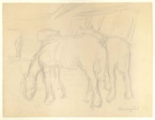 Heste i stald. Verso: Skitse af en hest