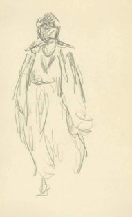 Kvinde i løsthængende klæder. Figurskitse