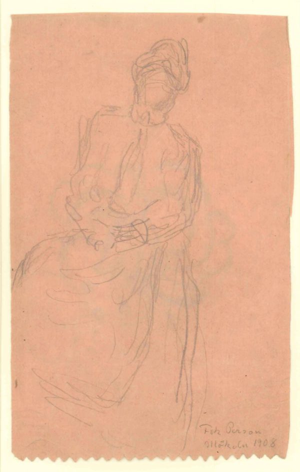 Siddende dame med hænderne i skødet