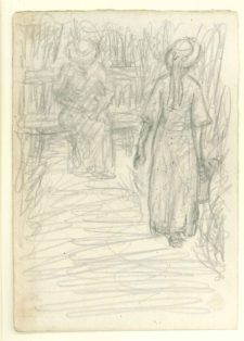 Gående kvinde med vandkande og siddende kvinde på bænk. Verso: Indskrift