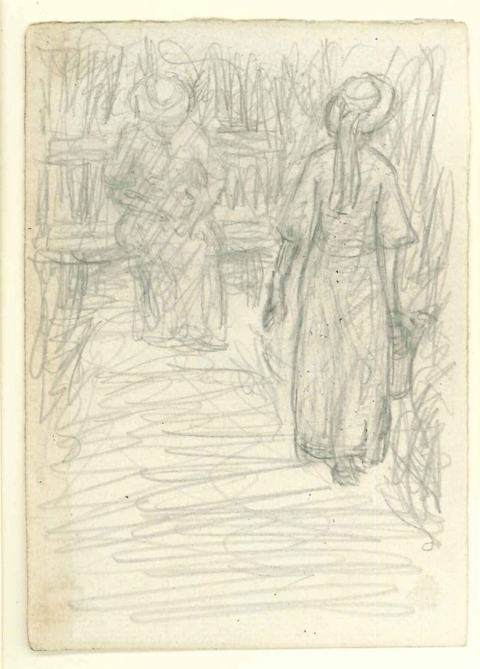 Gående kvinde med vandkande og siddende kvinde på bænk. Verso: Indskrift