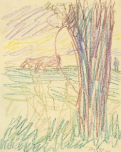 Landskab med træstamme og græssende heste