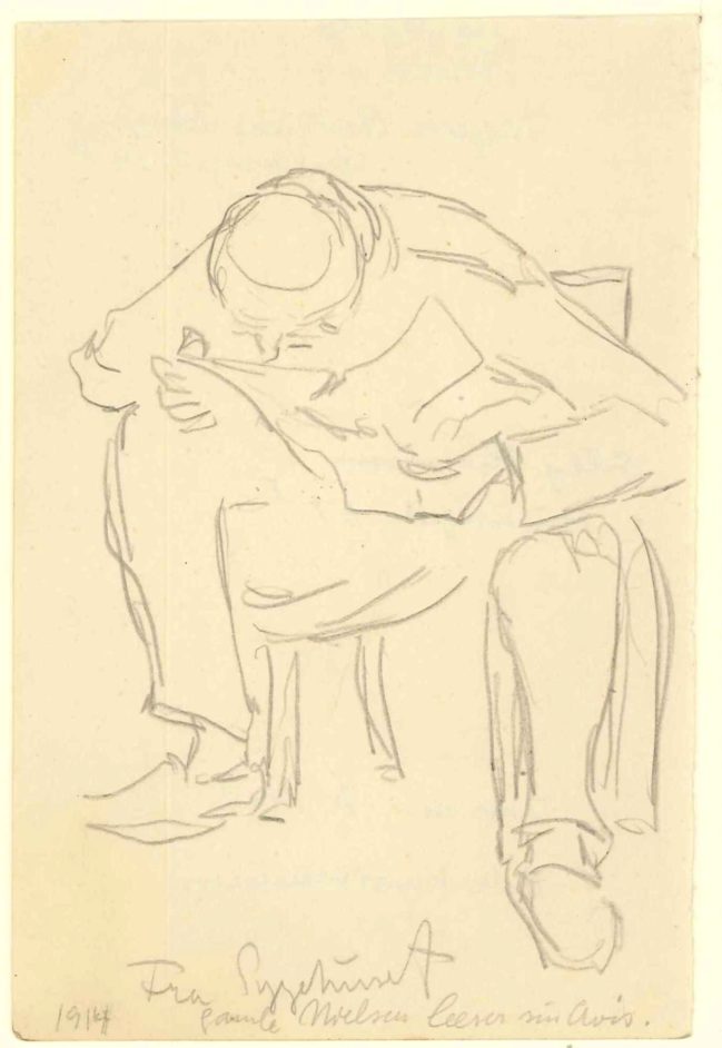 Portrætskitse af læsende gammel mand