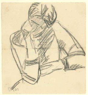 Portrætskitse af en kvinde med højre hånd under hagen