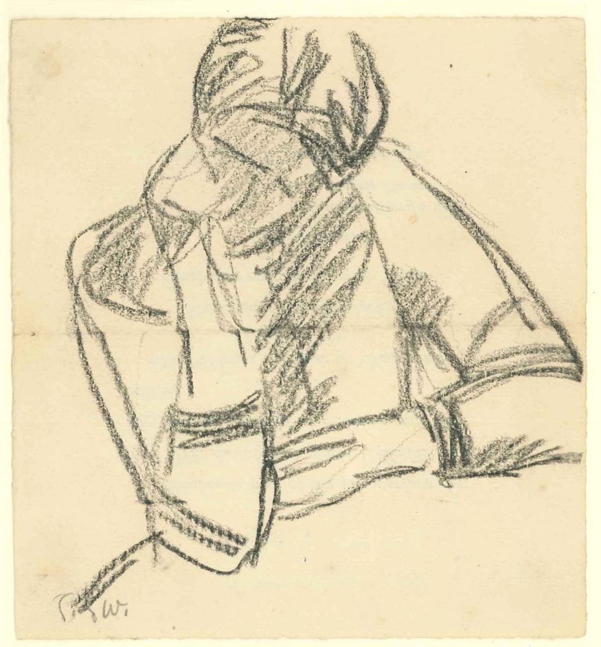 Portrætskitse af en kvinde med højre hånd under hagen