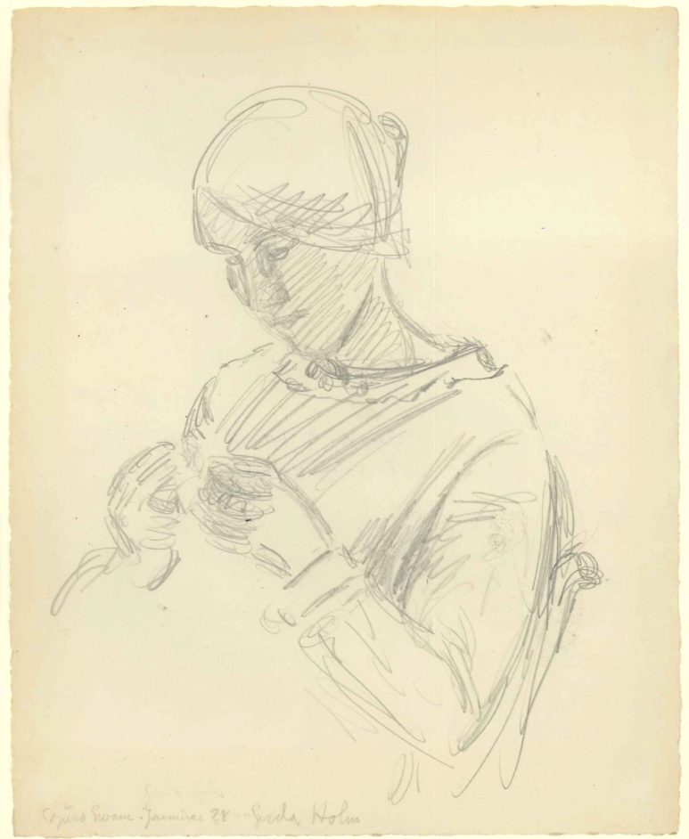 Portræt af kvinde med håndarbejde