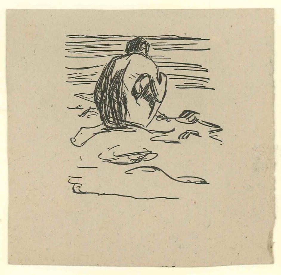 Siddende figur set bagfra