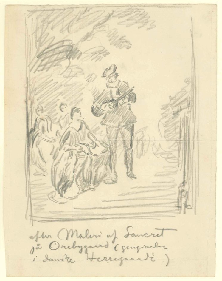 Skitse efter maleri af Sancret på Orebygaard