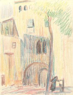 En kvinde ved vandpost  i bymiljø