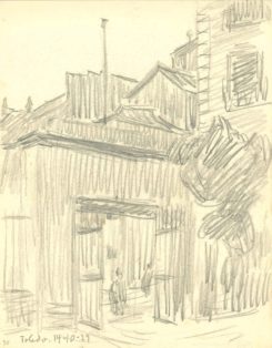 Bymotiv med to skikkelser i en port