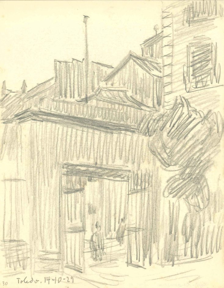 Bymotiv med to skikkelser i en port