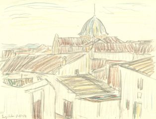 Byhuse med kirke i baggrund