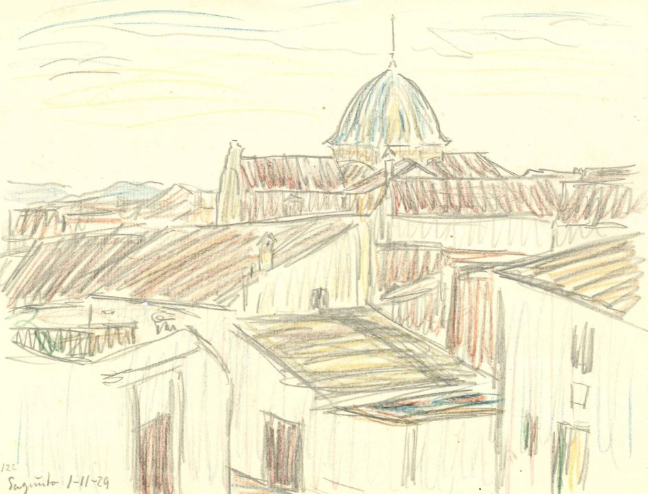 Byhuse med kirke i baggrund