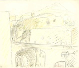 Udsigt over byense tage mod bjerg i baggrund